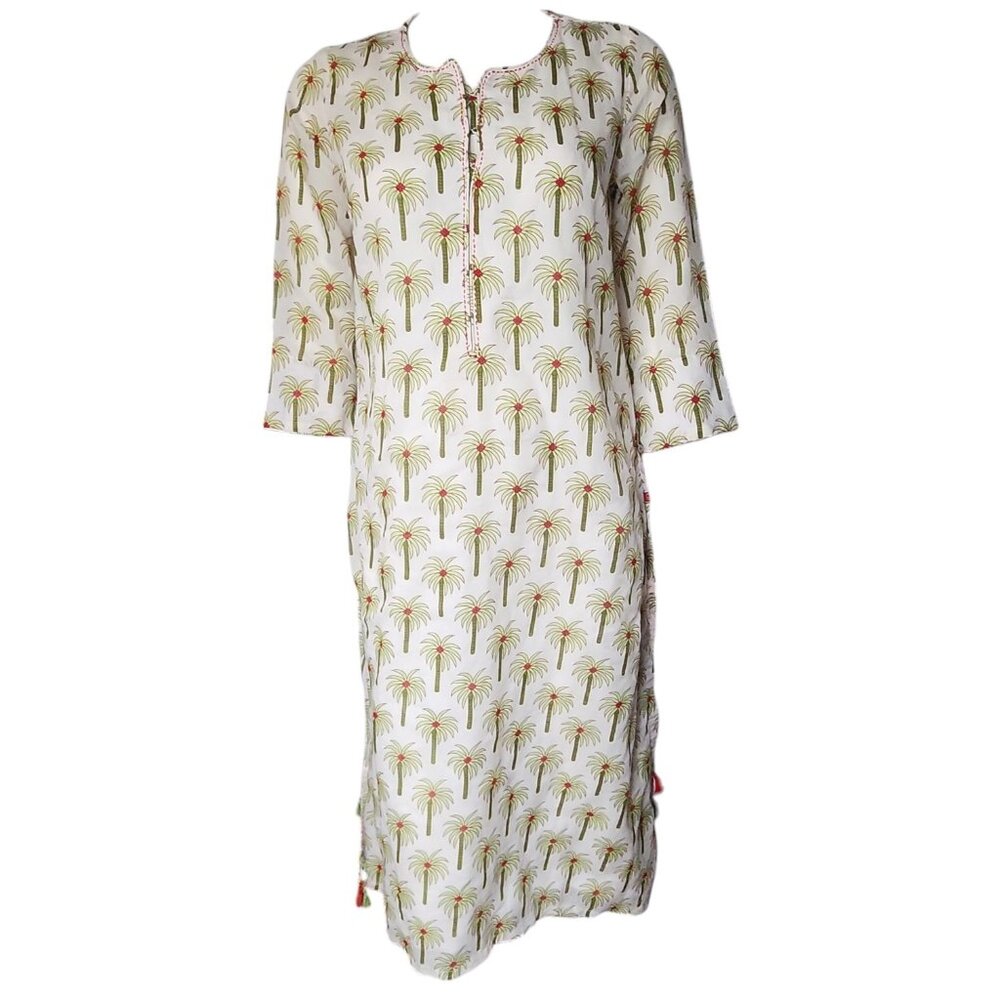 Biba Dress Womens Size 34 (Small) White Green Palm Trees Bobo Kaftan Indian